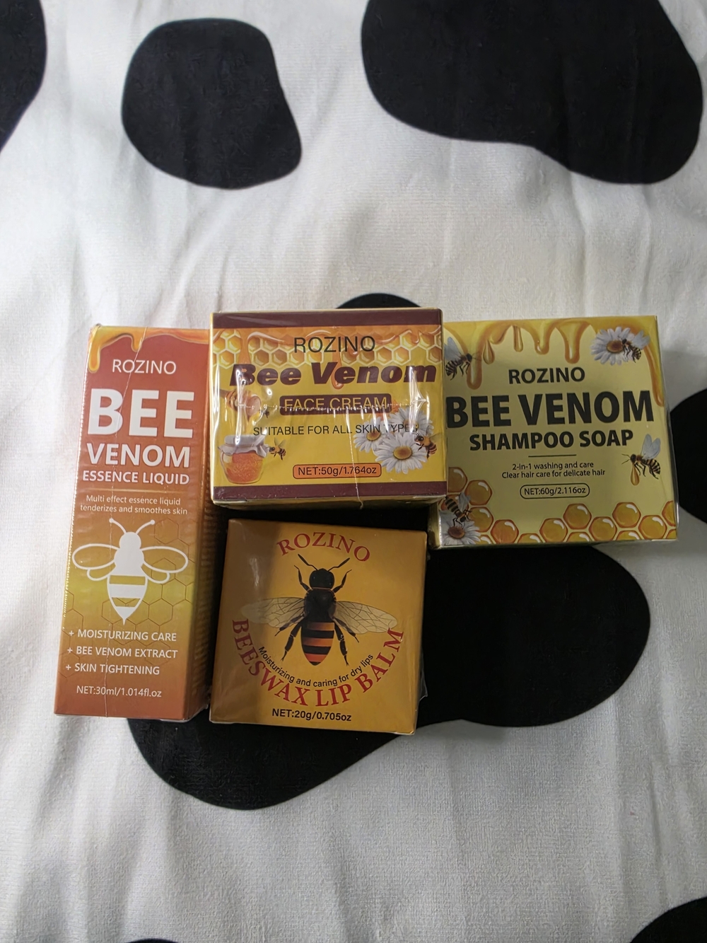 New 4-Piece ROZINO Bee Venom Skincare Set - Face Cream, Essence Serum, Lip Balm